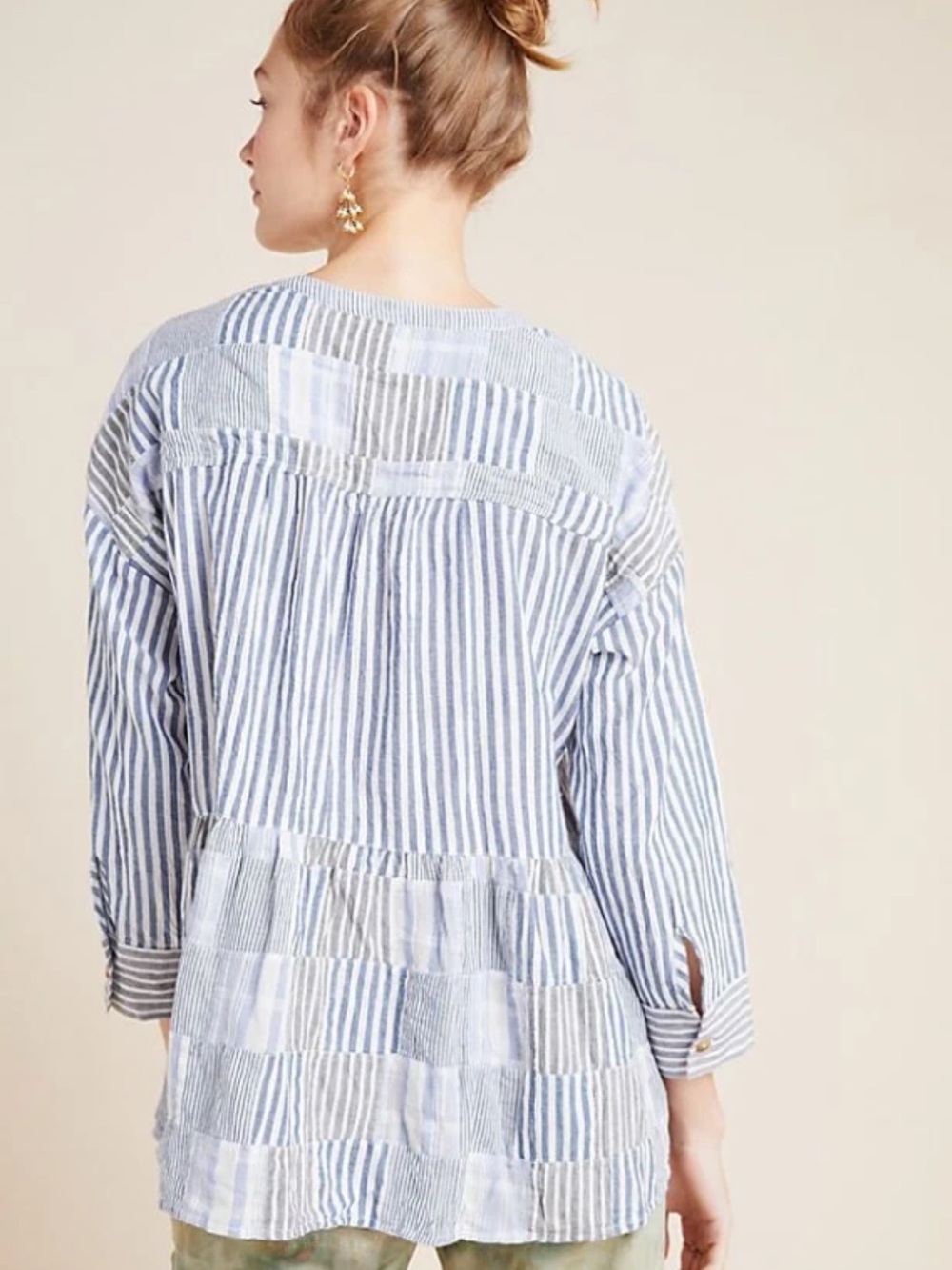 Anthropologie Maeve Stripe Patchwork Swing Shirt Henley Zoe Linen Top Blue Sz S - Picture 3 of 14